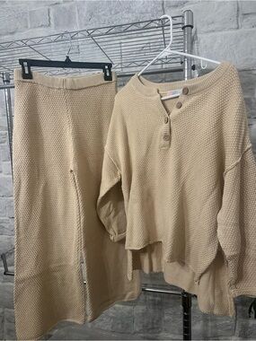 Free People Beige Waffle Knit Henley Sweater Set